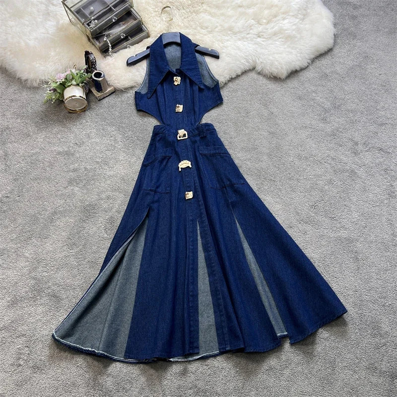 Women Summer Retro Turn-down Collar Denim Dress Hollowed Out Split High Waist Jeans Skirts