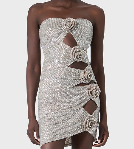 Solid Spliced Diamonds Slimming Dresses For Women Strapless Sleeveless High Waist Hollow Out Dress Female Fashion