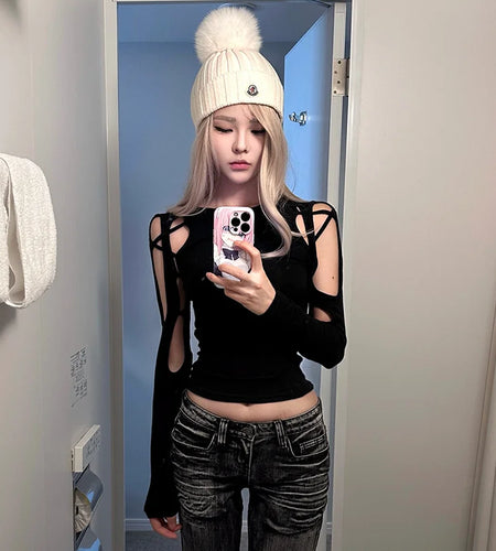 Crop Tops Tshirts for Women O-neck Long Sleeve Black Tees Fashion Casual Korean Camisetas Y2k Top Hollow Out Sexy Summer T-shirt
