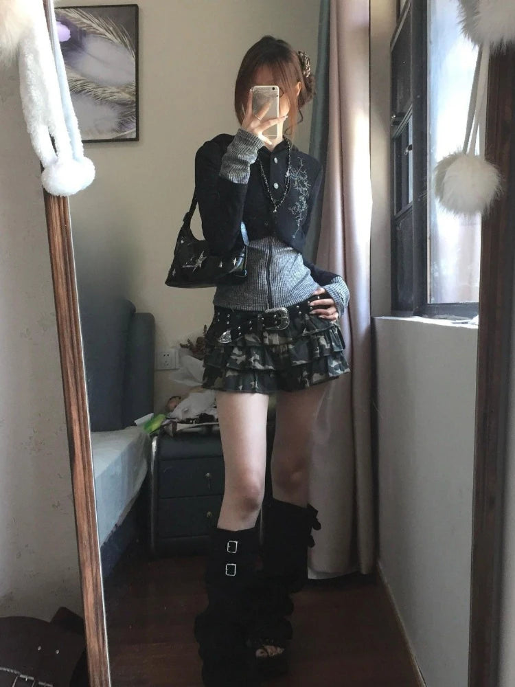 Y2k Aesthetic Fake Two Pieces Zipper Jackets Streetwear Casual Hooded Print Tops Vintage Patchwork Bodycon Coats Women Harajuku