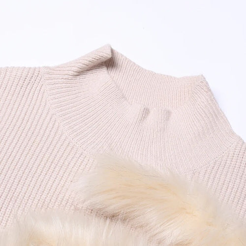Load image into Gallery viewer, Patchwork Feather Knitting Sweater For Women Stand Collar Lantern Sleeve Solid Minimalist Sweaters Female Clothing
