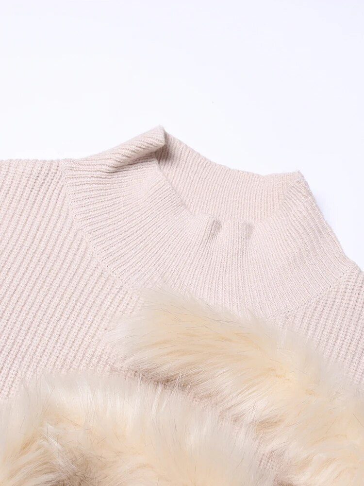 Patchwork Feather Knitting Sweater For Women Stand Collar Lantern Sleeve Solid Minimalist Sweaters Female Clothing