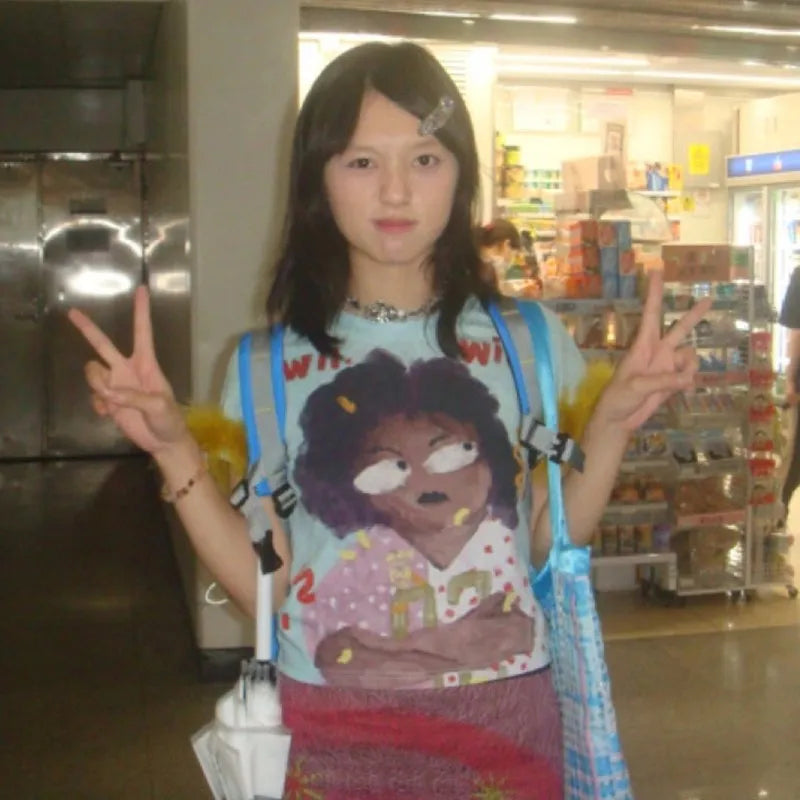 Japanese Y2k Graffiti Print T-shirt Trashy 2000s Style Crop Top Vintage Harajuku Removable Fur Sleeve Tee Shirt American