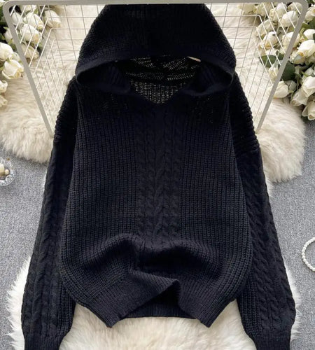 Korean Women Black Twists Hooded Knitted Sweater Fashion Blue Loose Long Sleeve Lady Green Pullovers Tops Casual Autumn Winter