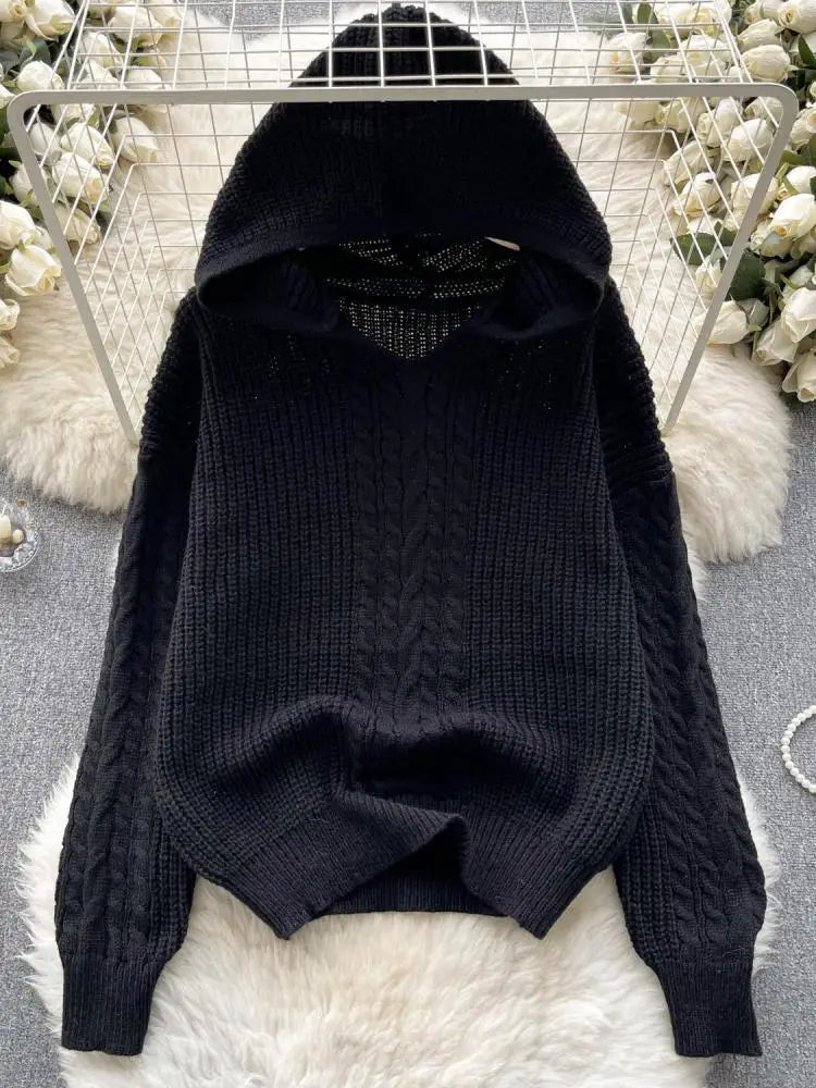 Korean Women Black Twists Hooded Knitted Sweater Fashion Blue Loose Long Sleeve Lady Green Pullovers Tops Casual Autumn Winter