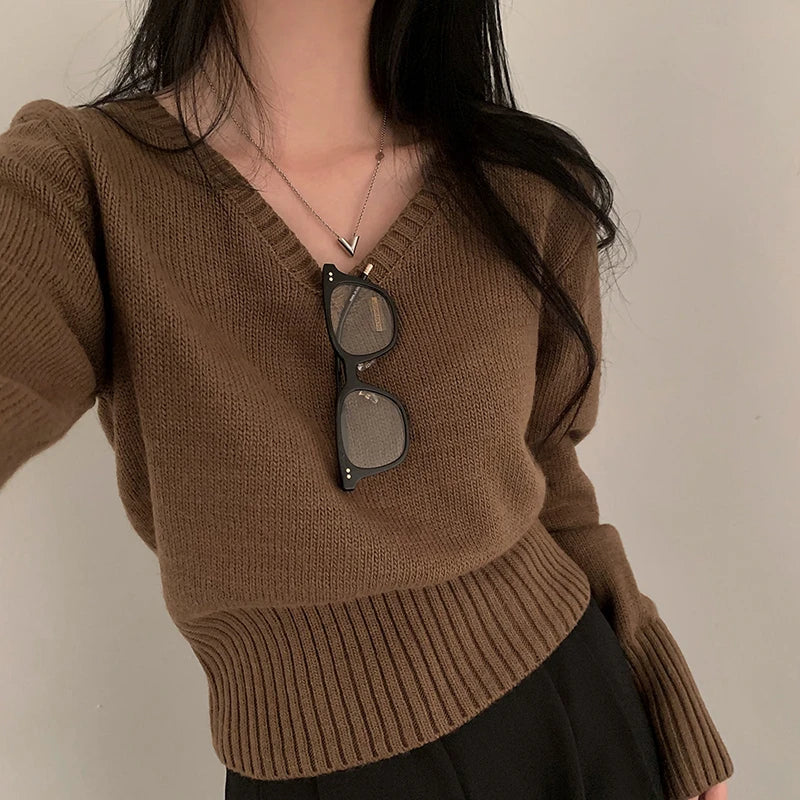 Casual Brown Basic Autumn Sweater Women Knitwear Korean Fashion Solid Pullover Harajuku Jumpers All-Match Preppy Cute