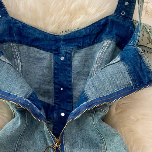 Load image into Gallery viewer, Denim Dress Sexy Style New Arrival Ins Strap Waist Mesh Polka Dot Ruffles Stitching Female Bodycon Midi Dresses Female Vestidos
