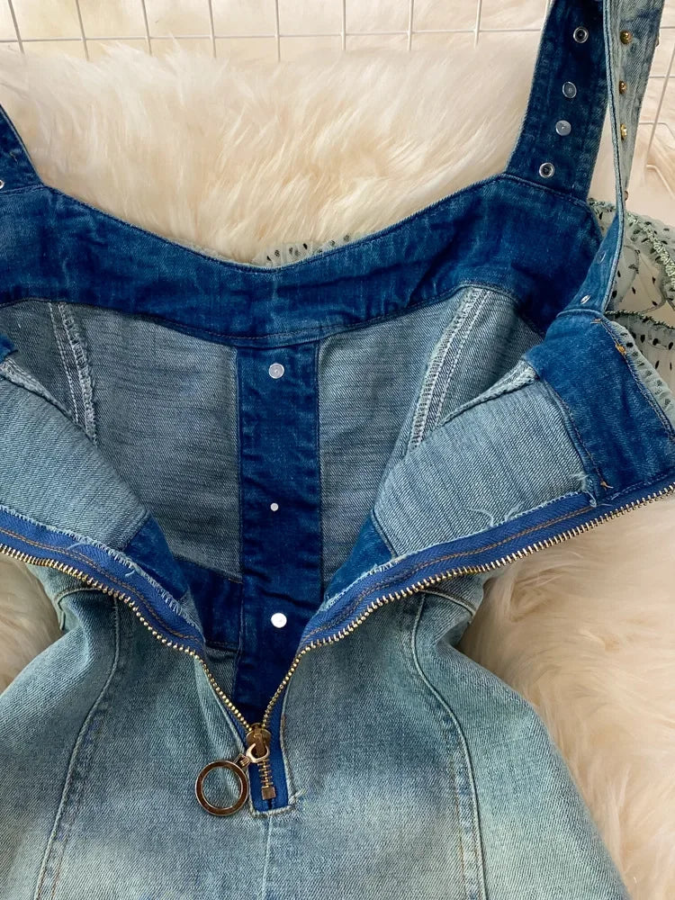 Denim Dress Sexy Style New Arrival Ins Strap Waist Mesh Polka Dot Ruffles Stitching Female Bodycon Midi Dresses Female Vestidos