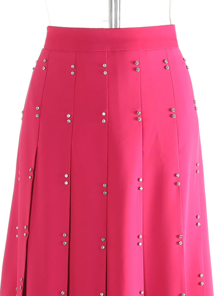 High Waist Rose Red Rivet Pleated Elegant Long A-line Half-body Skirt Women Fashion Tide New Spring Autumn 2025 1DJ0915