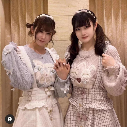 Load image into Gallery viewer, Japanese Rabbit Cartoon Embroidery Kawaii Cute Sweater Women Preppy Style Bow Knitted Jumper Fairy Twist Csual Loose Pullover
