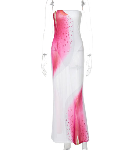 Elegant Print Strapless Patchwork Mesh Sexy See Through Maxi Dress Summer Women Fashion Outfits Beach Festival Party