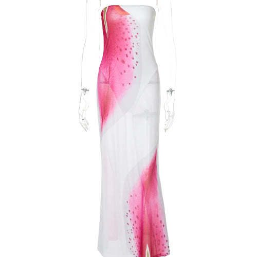 Load image into Gallery viewer, Elegant Print Strapless Patchwork Mesh Sexy See Through Maxi Dress Summer Women Fashion Outfits Beach Festival Party
