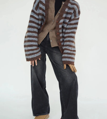 Women Thicken Warm Striped Cardigans Contrast Color V Neck Designer Cardigan Women Fall Winter Single Breasted Sweaters  C-302