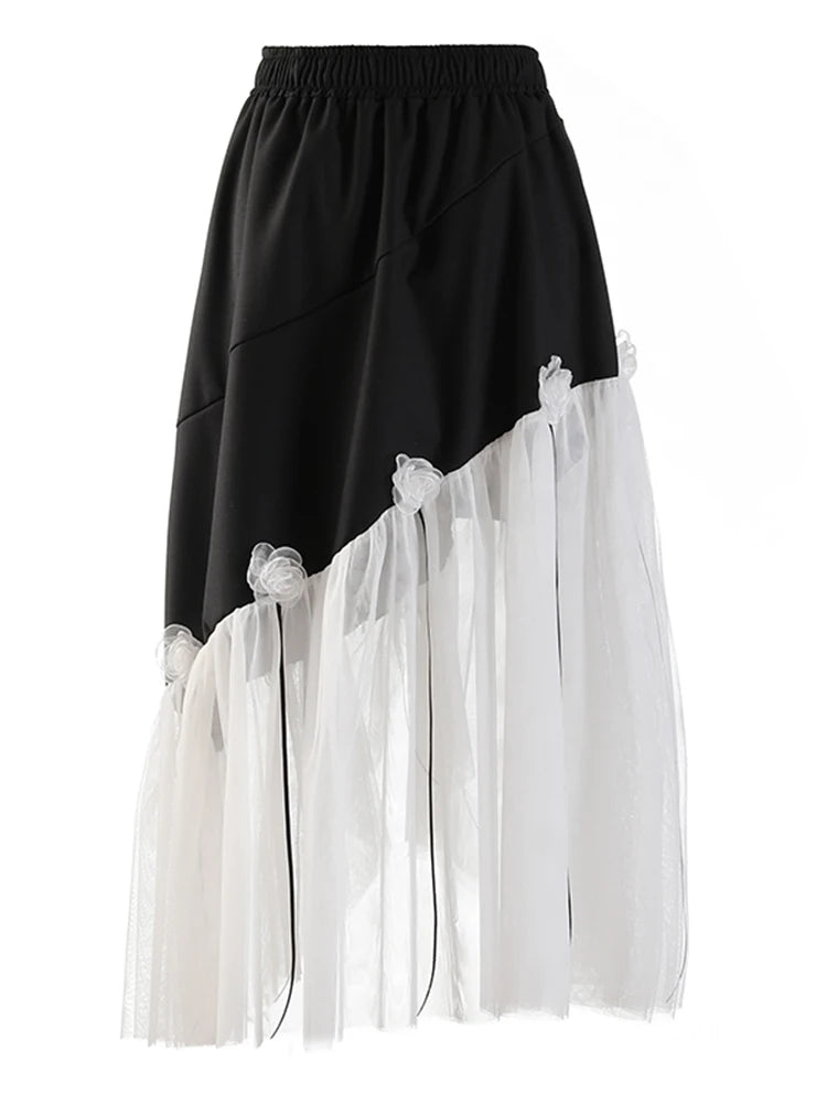 Loose Asymmetrical Midi Skirt For Women High Waist Patchwork Color Block Midi Skirts Female Korean Fashion Clothing