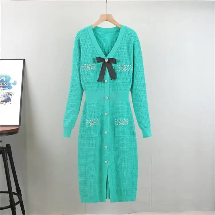 Autumn Winter Black White Single Breasted Diamonds Sweater Dress Korean Green Elegant Office Women's Long Sleeve Bow Knit Dress