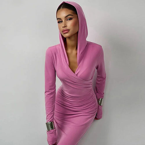 Load image into Gallery viewer, Elegant V Neck Hooded Maxi Dress For Women Autumn Winter New Long Sleeve Bodycon Ruched Fashion Long Dress New

