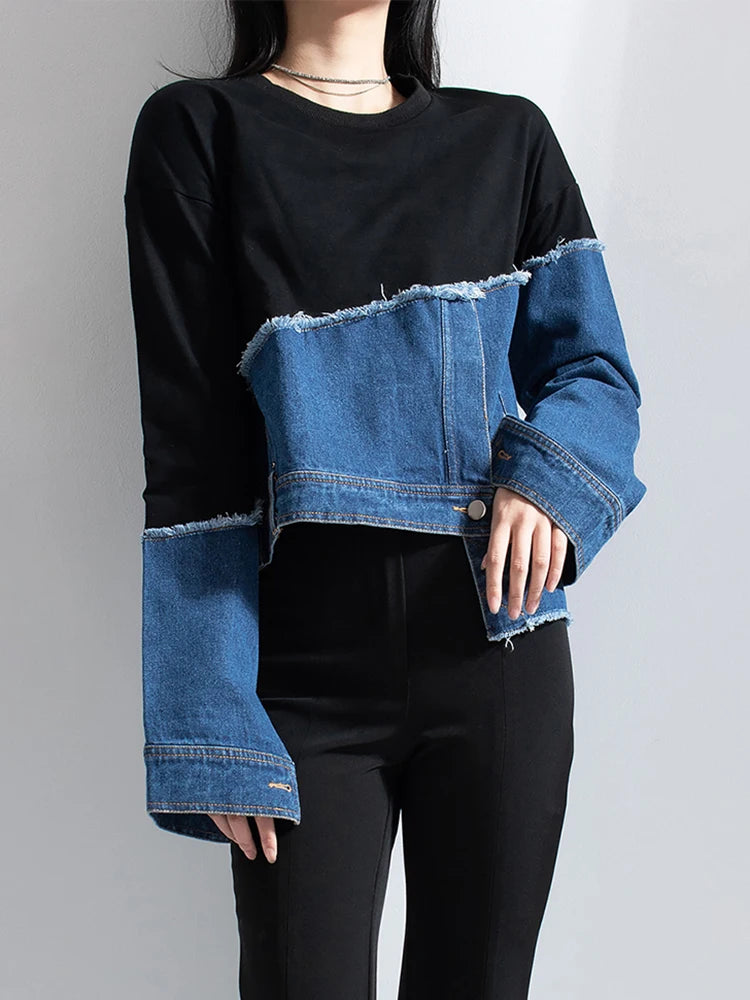 streetwear Asymmetrical sweatshirt for women round neck long sleeve patchwork denim colorblock sweatshirts females