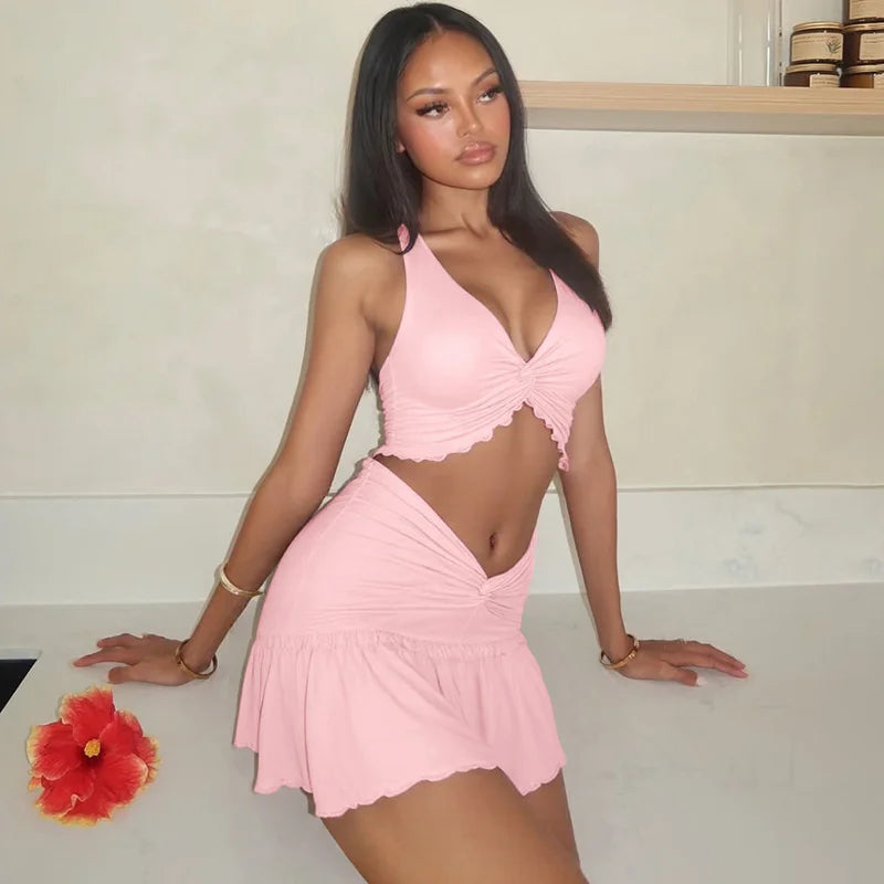 Ruffle Sexy Skirt Two Piece Sets Women Halter Lace-up Crop Top And Mini Skirt Female Beach Club Party 2 Piece Set