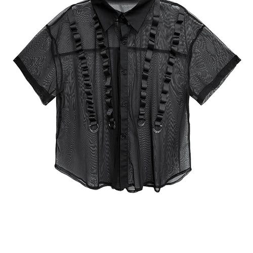 Load image into Gallery viewer, Women Black Mesh Ribbon Perspective Big Size Blouse New Lapel Short Sleeve Shirt Fashion Tide Spring Summer 2025 1DJ1631
