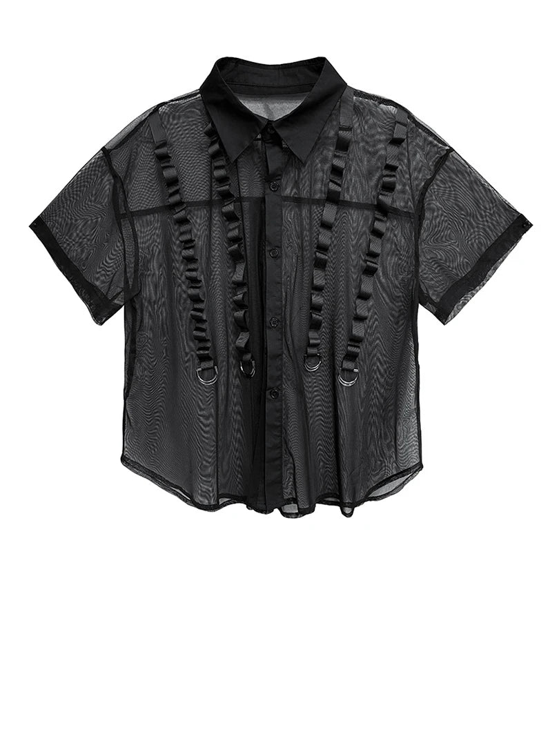 Women Black Mesh Ribbon Perspective Big Size Blouse New Lapel Short Sleeve Shirt Fashion Tide Spring Summer 2025 1DJ1631
