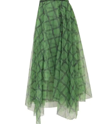 High Elastic Waist Green Plaid Irregular Long Casual Half-body Skirt Women Fashion Tide New Spring Autumn 2025 2A47406