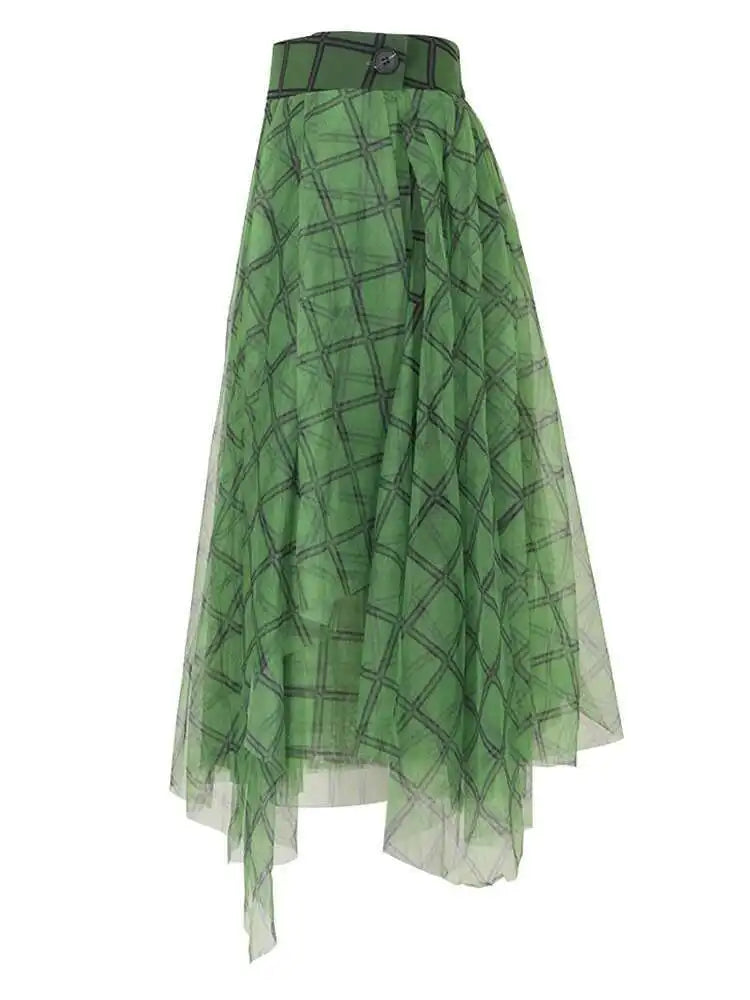 High Elastic Waist Green Plaid Irregular Long Casual Half-body Skirt Women Fashion Tide New Spring Autumn 2025 2A47406