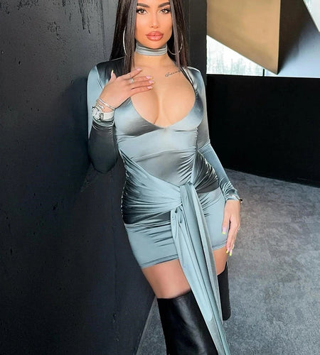 Irregular Sexy Mini Dress For Women Low Cut Long Sleeve Ruched Bodycon Dress Femme Elegant Club Party Sexy Dress New