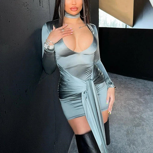 Load image into Gallery viewer, Irregular Sexy Mini Dress For Women Low Cut Long Sleeve Ruched Bodycon Dress Femme Elegant Club Party Sexy Dress New
