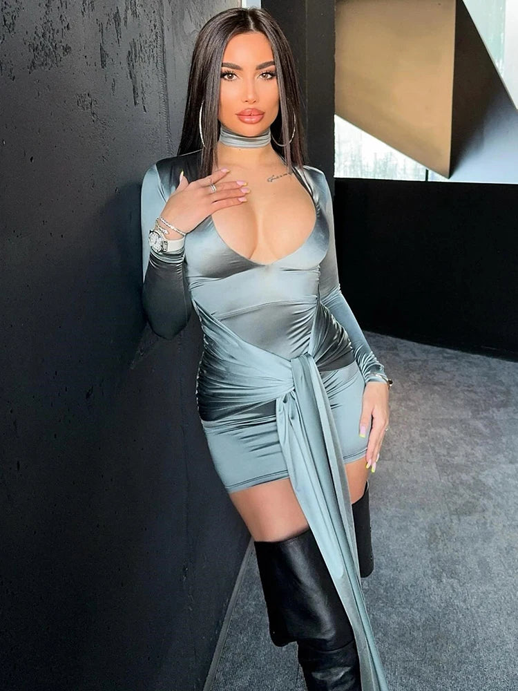 Irregular Sexy Mini Dress For Women Low Cut Long Sleeve Ruched Bodycon Dress Femme Elegant Club Party Sexy Dress New