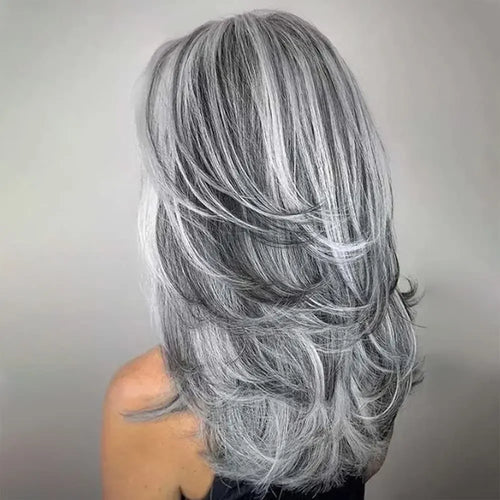 Load image into Gallery viewer, Synthetic Wig With Curtain Bangs Long Layered Wig Natural Silver Gray Wigs Women Salt and Pepper Hair Halloween Costume
