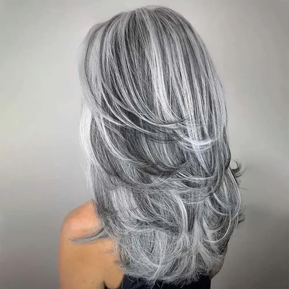 Synthetic Wig With Curtain Bangs Long Layered Wig Natural Silver Gray Wigs Women Salt and Pepper Hair Halloween Costume