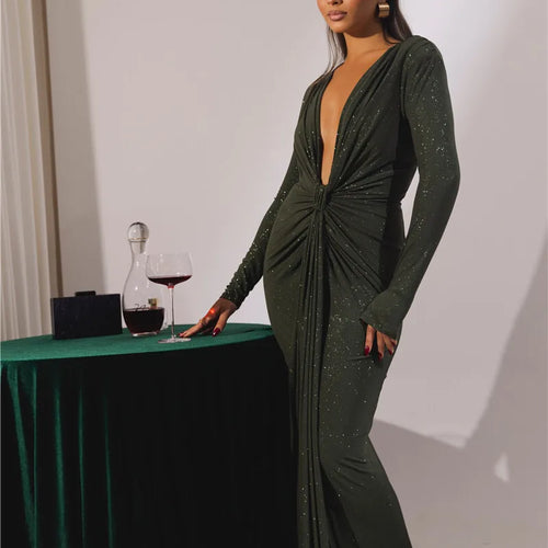 Load image into Gallery viewer, Glitter Deep V Neck Sexy Maxi Dress For Women Elegant Sparkle Long Sleeve Ruched Bodycon Split Club Party Sexy Dress
