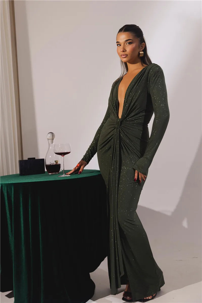 Glitter Deep V Neck Sexy Maxi Dress For Women Elegant Sparkle Long Sleeve Ruched Bodycon Split Club Party Sexy Dress