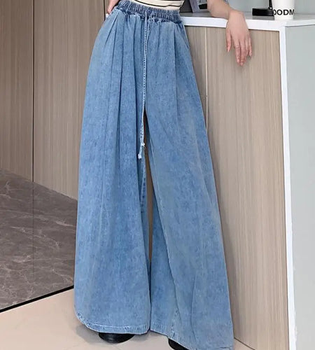 2025 Women Blue Drawstring Lace-up Loose Pleated Denim Pants High Waist Casual Wide Legs Jeans Spring Summer Oversized Trousers