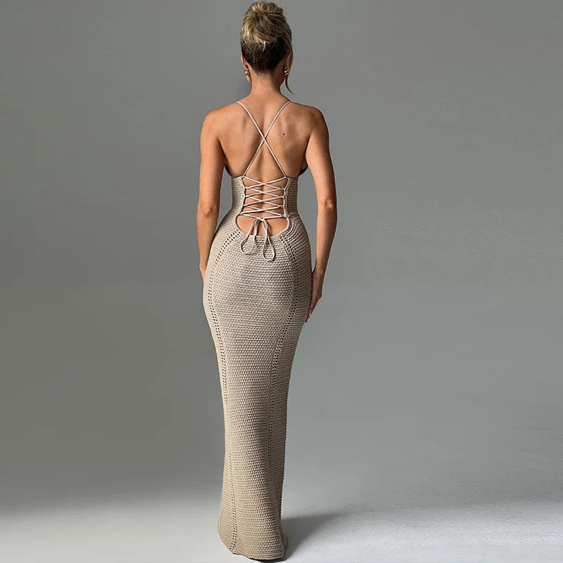 Hollow Out Backless Knit Dress For Women Spaghetti Strap Bandage Sleeveless Bodycon Club Party Sexy Long Dress Elegant