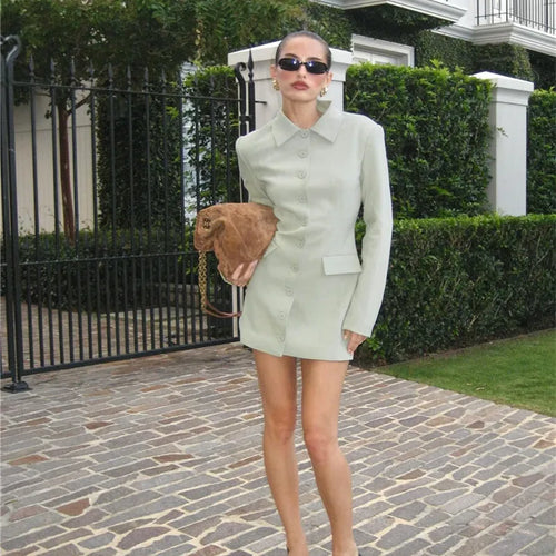 Load image into Gallery viewer, Long Sleeve Lapel Sexy Mini Dress For Women Solid Single-breasted Two Pocket High Waist Office Lady Blazer Dress
