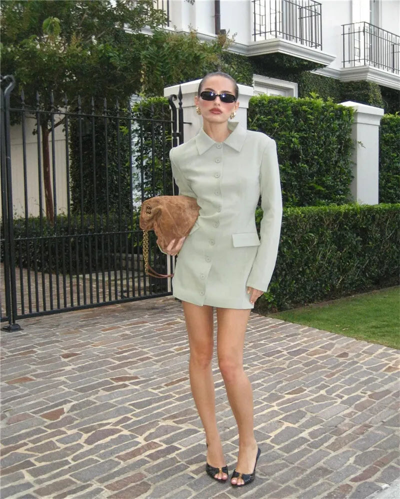 Long Sleeve Lapel Sexy Mini Dress For Women Solid Single-breasted Two Pocket High Waist Office Lady Blazer Dress