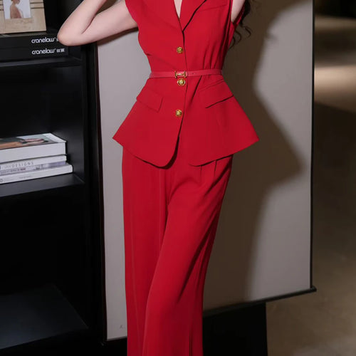 Load image into Gallery viewer, Solid Temperament Two Piece Sets for Women Lapel Sleeveless Spliced Single Breasted Top High Waist Pant Set Female
