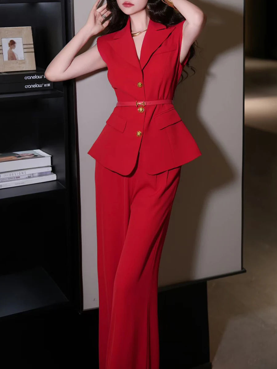 Solid Temperament Two Piece Sets for Women Lapel Sleeveless Spliced Single Breasted Top High Waist Pant Set Female