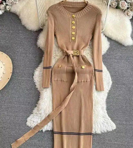 Korean Fashion Women's Stripe V Neck Elegant Slim Long Sleeved Dress Spring Vacation Single Breasted Office Knitted Dress Casual