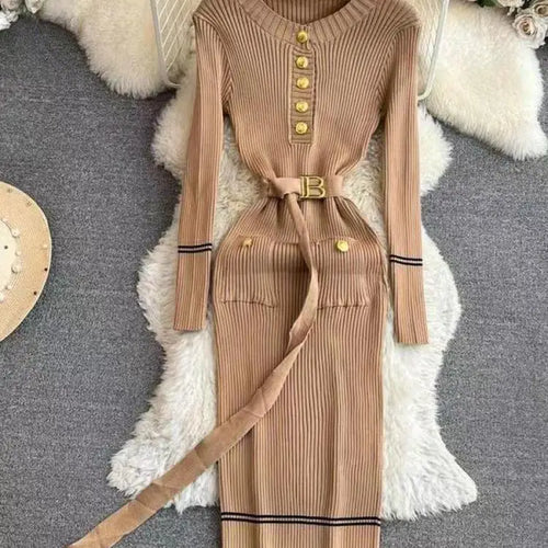 Load image into Gallery viewer, Korean Fashion Women's Stripe V Neck Elegant Slim Long Sleeved Dress Spring Vacation Single Breasted Office Knitted Dress Casual
