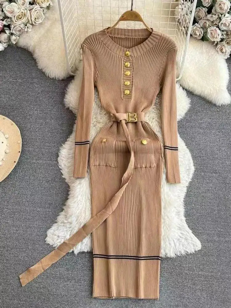 Korean Fashion Women's Stripe V Neck Elegant Slim Long Sleeved Dress Spring Vacation Single Breasted Office Knitted Dress Casual