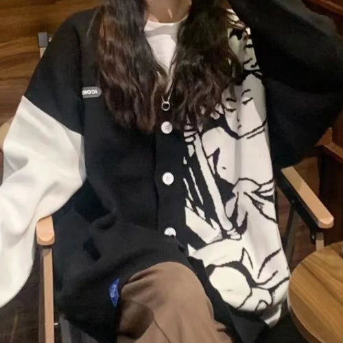 Load image into Gallery viewer, Casual Streetwear Angel Print Contrast Color Cardigan Women Loose Sweater Coat Autumn Harajuku Aesthetic Knitted Jumper
