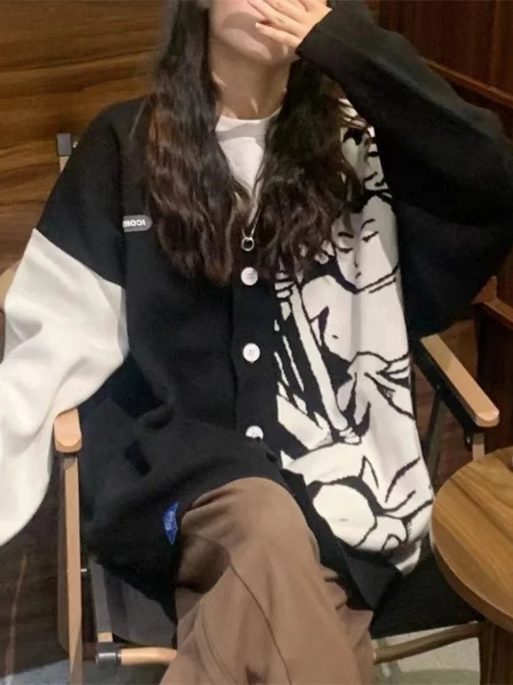 Casual Streetwear Angel Print Contrast Color Cardigan Women Loose Sweater Coat Autumn Harajuku Aesthetic Knitted Jumper