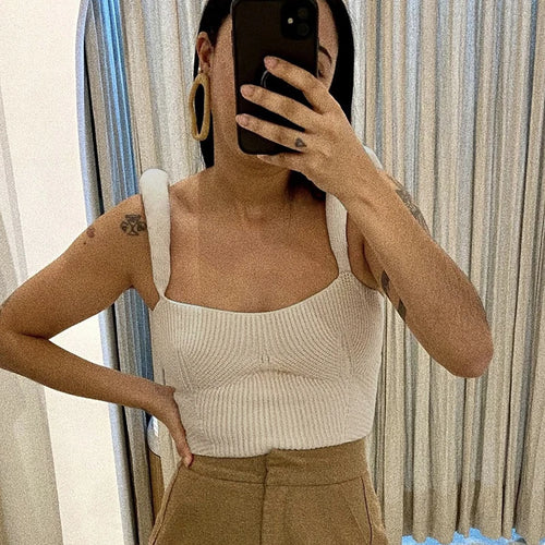 Load image into Gallery viewer, Backless Knit Sweater Crop Tops For Women Vest Fashion Spaghetti Strap Sleeveless Knitted Tank Tops Ladies Camis Tops
