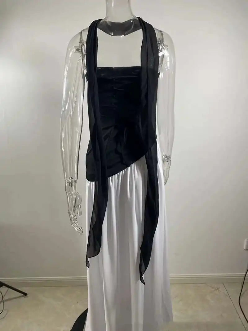 Strapless Off-shoulder Sexy Maxi Dress For Women Gown Patchwork Scarf Collar Thigh High Split Club Party Long Dress