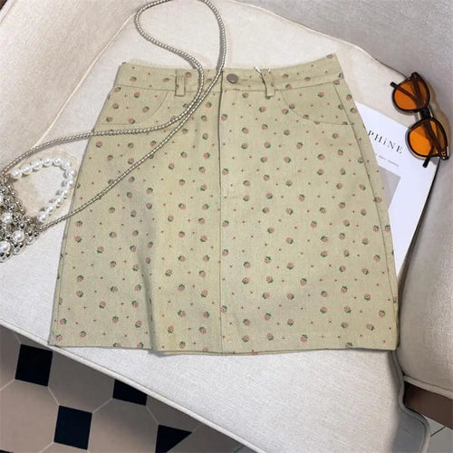 Load image into Gallery viewer, French Summer Women's Sweet Elegant Holiday Slim Wrapped Hip Short Skirt Vintage High Waist Strawberry Print Mini Skirts Fashion
