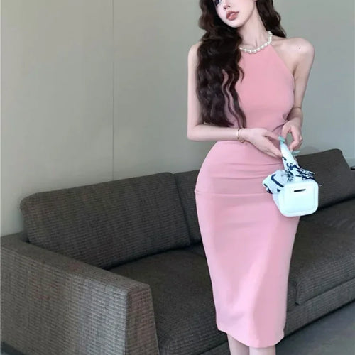 Load image into Gallery viewer, Office Ladies Bodycon Pink Halter Dress Women Designer Sexy Wrap Off Shouler Split Dresses  Slim Party Outfits
