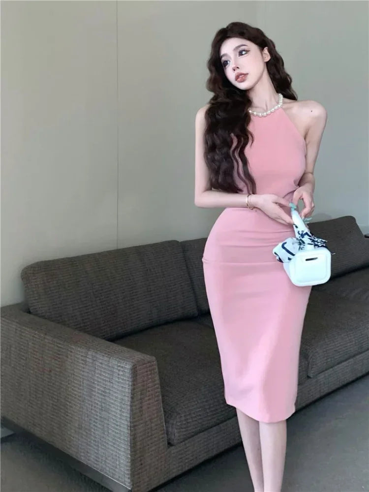 Office Ladies Bodycon Pink Halter Dress Women Designer Sexy Wrap Off Shouler Split Dresses  Slim Party Outfits