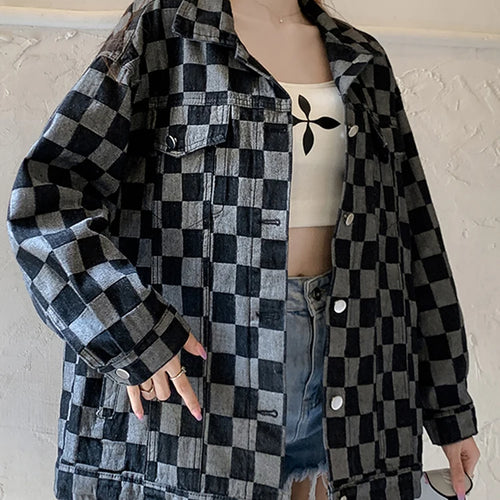 Load image into Gallery viewer, Autumn Black Denim Coat Women Korean New Chessboard Checker Casual Loose Retro Blue Jacket Top Woman High Street Chic
